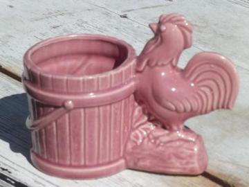 catalog photo of 50s vintage pink pottery planter, chanticleer rooster flower pot bucket