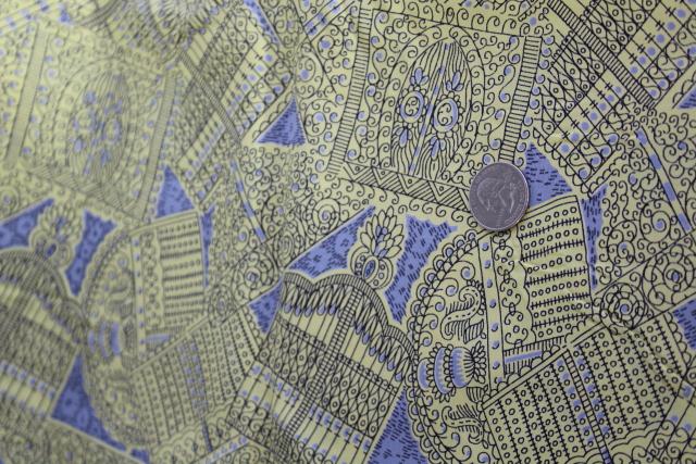 photo of 50s vintage rayon fabric, yellow / blue grey wrought iron gates, quirky french chic #2