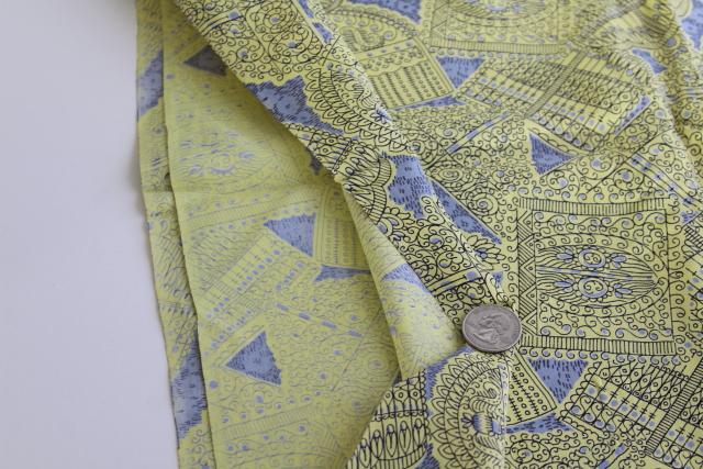 photo of 50s vintage rayon fabric, yellow / blue grey wrought iron gates, quirky french chic #3