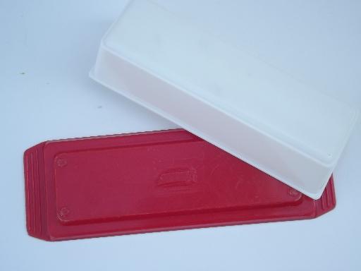 photo of 50s vintage red and white plastic butter dish, Baraboo RamboWare indian mark #3