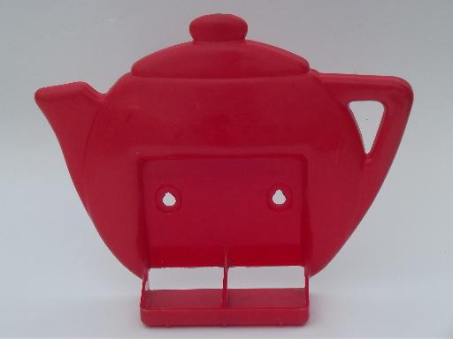 photo of 50s vintage red & white plastic S&P set, wall rack range shakers in teapot #8