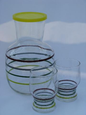photo of 50s vintage ring pattern colored band glass refrigerator bottle, juice glasses #1