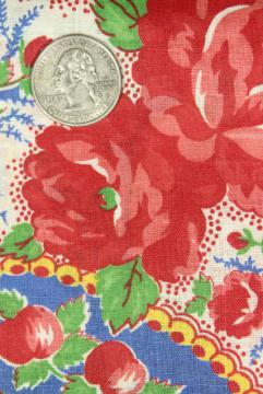 catalog photo of 50s vintage roses print cotton fabric in bright retro colors red blue yellow jade green