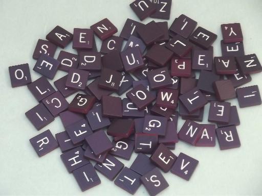 photo of 50s vintage scrabble tiles, burgundy red wood letters, letter tile lot #1