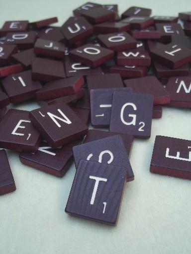 photo of 50s vintage scrabble tiles, burgundy red wood letters, letter tile lot #2