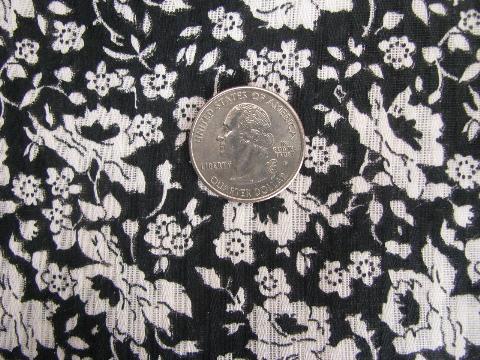 photo of 50s vintage sheer stripe cotton fabric, black w/ white roses floral #1