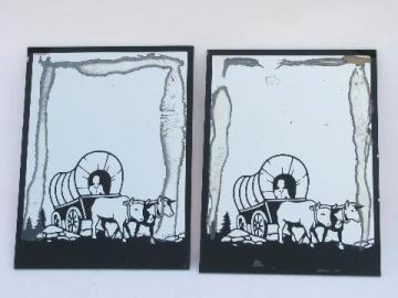 catalog photo of 50s vintage silhouettes, western wagon wheel covered wagons, pair shabby mirrors