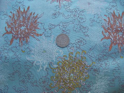 photo of 50s vintage silky brocade fabric, oriental chrysanthemums in pink & gold on aqua #1