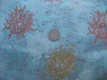 catalog photo of 50s vintage silky brocade fabric, oriental chrysanthemums in pink & gold on aqua