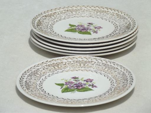 photo of 50s vintage spring violets floral china dessert plates, set of 6  #2