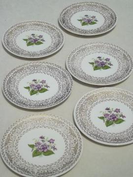 catalog photo of 50s vintage spring violets floral china dessert plates, set of 6 