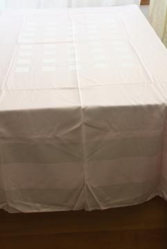 catalog photo of 50s vintage tablecloth, pale rose pink rayon satin damask made in Japan