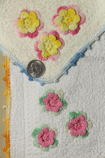photo of 50s vintage terrycloth bath and hand towels w/ colorful crochet edgings, bohemian style home #10