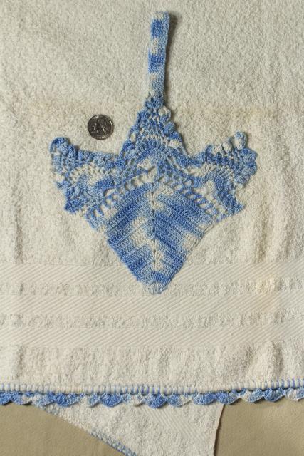 photo of 50s vintage terrycloth bath and hand towels w/ colorful crochet edgings, bohemian style home #12