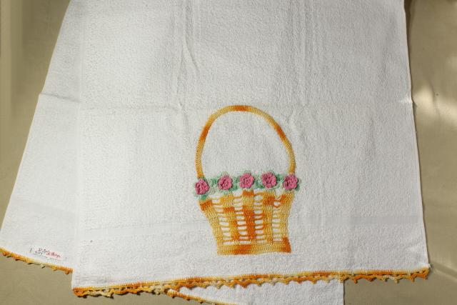 photo of 50s vintage terrycloth bath and hand towels w/ colorful crochet edgings, bohemian style home #13