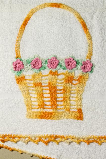 photo of 50s vintage terrycloth bath and hand towels w/ colorful crochet edgings, bohemian style home #14