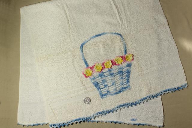 photo of 50s vintage terrycloth bath and hand towels w/ colorful crochet edgings, bohemian style home #15