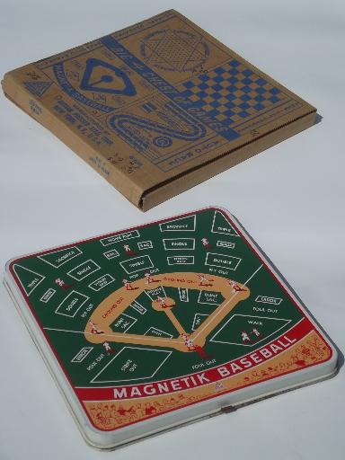 photo of 50s vintage tin litho game boards box games set, racing, magnetik baseball #1