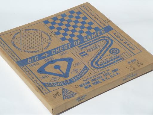 photo of 50s vintage tin litho game boards box games set, racing, magnetik baseball #3