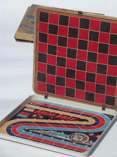 photo of 50s vintage tin litho game boards box games set, racing, magnetik baseball #6