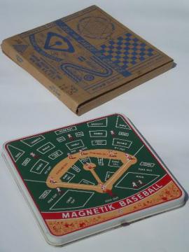 catalog photo of 50s vintage tin litho game boards box games set, racing, magnetik baseball