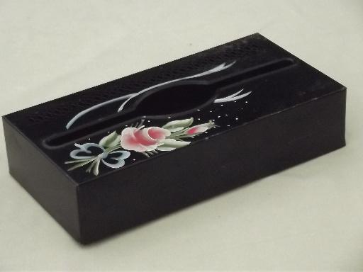 photo of 50s vintage toleware metal tissue box cover w/ hand-painted flowers #1