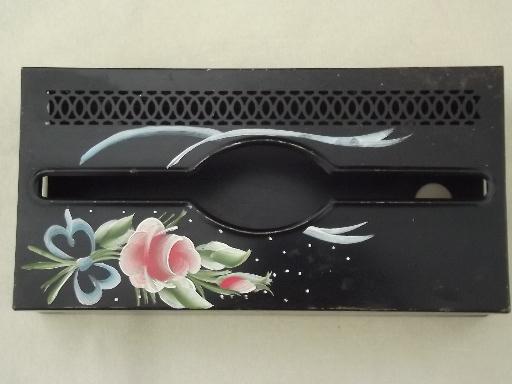 photo of 50s vintage toleware metal tissue box cover w/ hand-painted flowers #2