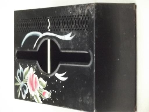 photo of 50s vintage toleware metal tissue box cover w/ hand-painted flowers #3