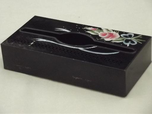 photo of 50s vintage toleware metal tissue box cover w/ hand-painted flowers #4