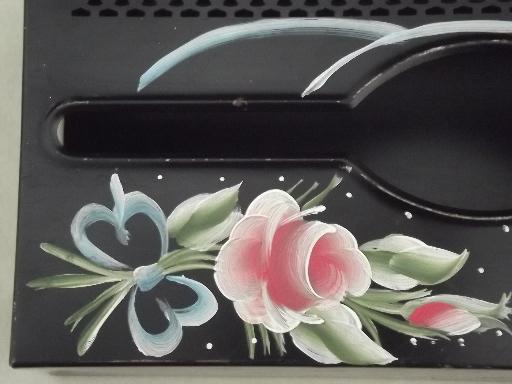 photo of 50s vintage toleware metal tissue box cover w/ hand-painted flowers #7