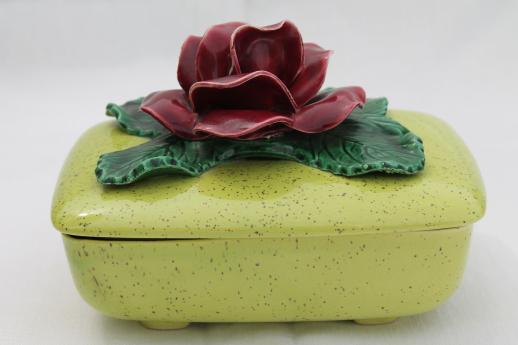 photo of 50s vintage vanity table box, lime green ceramic box w/ single huge red rose #3
