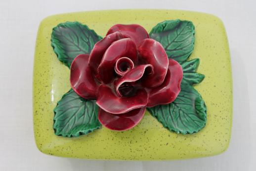 photo of 50s vintage vanity table box, lime green ceramic box w/ single huge red rose #4