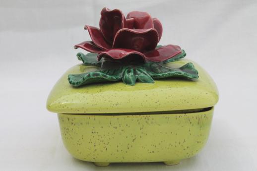 photo of 50s vintage vanity table box, lime green ceramic box w/ single huge red rose #6