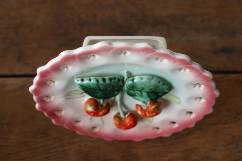 photo of 50s vintage wall pocket or vase, ceramic cherries china plate, cutesy girly cottagecore  #2