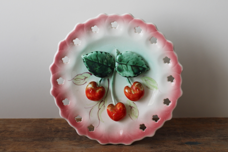photo of 50s vintage wall pocket or vase, ceramic cherries china plate, cutesy girly cottagecore  #7