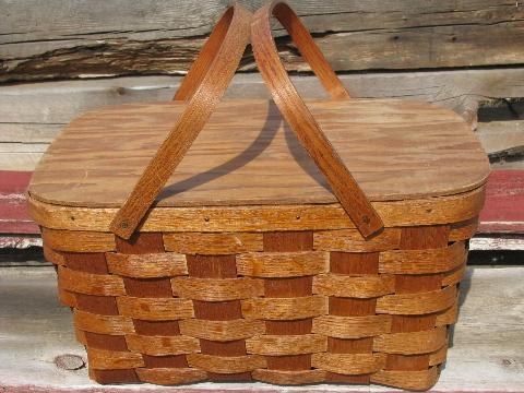 photo of 50's vintage wood splint basket picnic hamper, holds utensils on lid #1