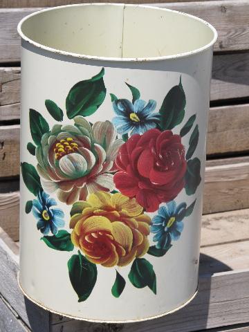 photo of 50s-60s vintage boudoir wastebasket, metal w/ tole painted flowers #1