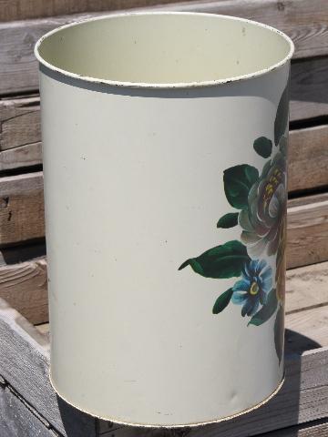 photo of 50s-60s vintage boudoir wastebasket, metal w/ tole painted flowers #2