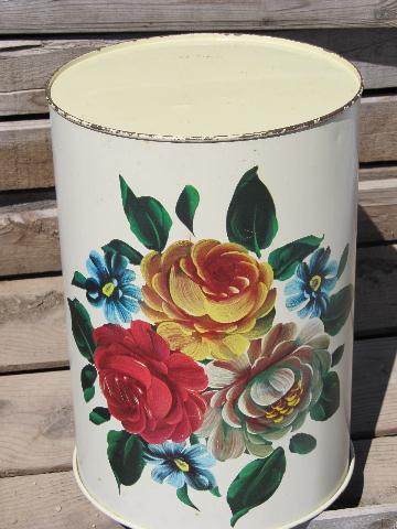 photo of 50s-60s vintage boudoir wastebasket, metal w/ tole painted flowers #3