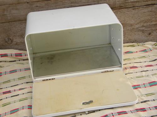 photo of 50s-60s vintage kitchen breadbox, mid-century mod white enamel bread box #2