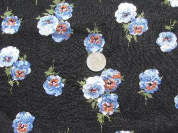 catalog photo of 50s-60s vintage textured challis fabric, pansies floral print on black