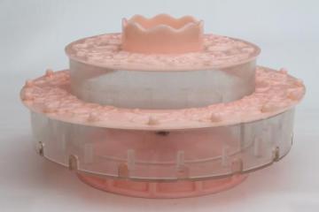 catalog photo of 50s-60s vintage tiered pink plastic sewing box, round thread rack sewing stand