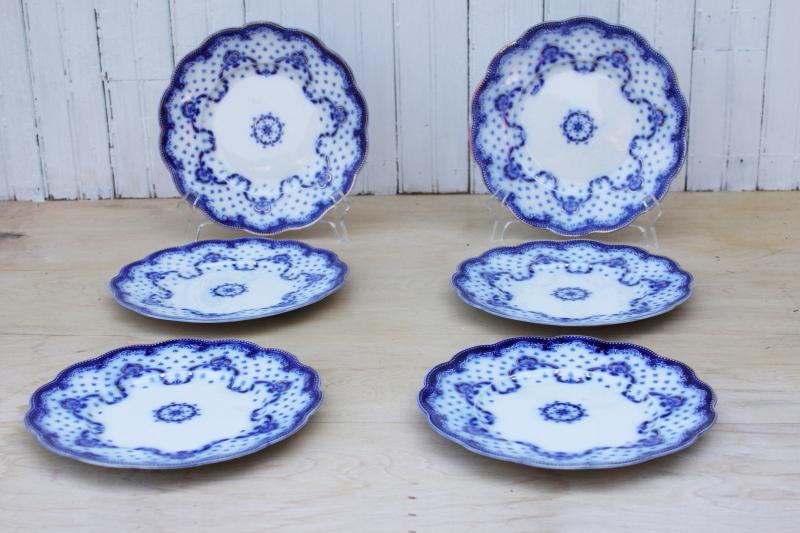 photo of 6 antique flow blue china luncheon plates, Grindley England Keele pattern #1