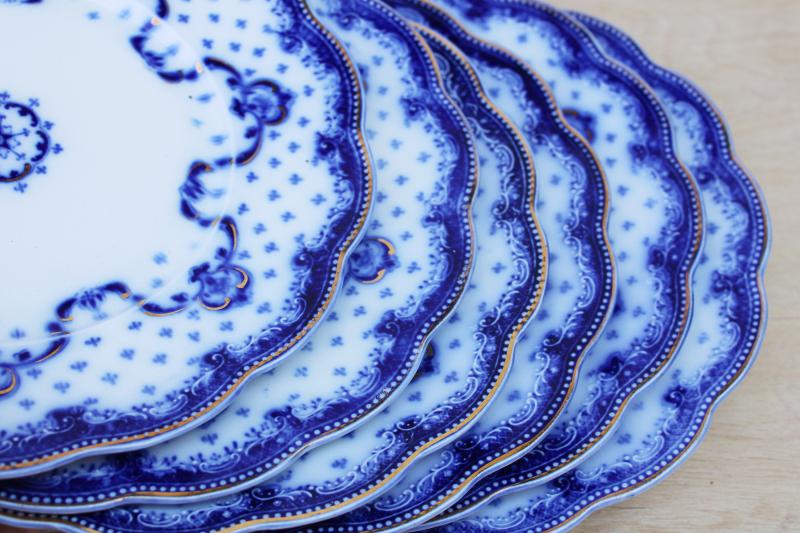 photo of 6 antique flow blue china luncheon plates, Grindley England Keele pattern #5