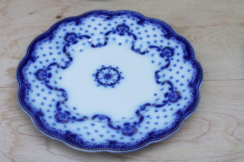 photo of 6 antique flow blue china luncheon plates, Grindley England Keele pattern #7