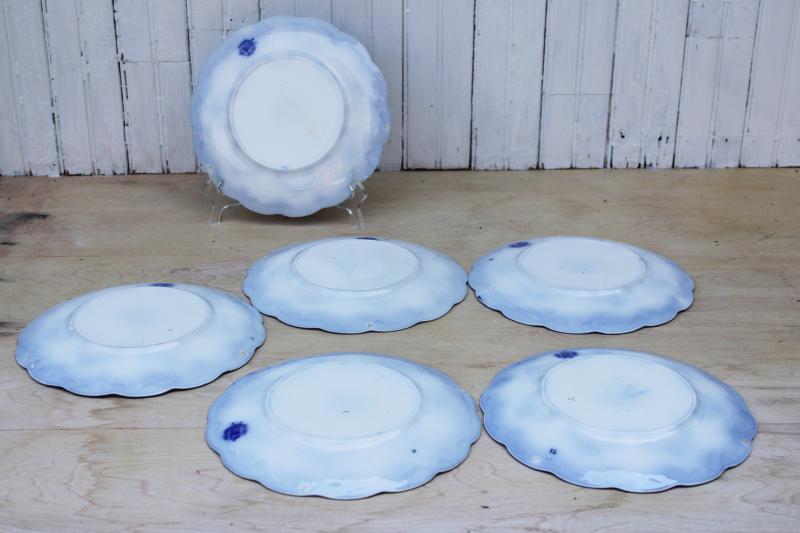 photo of 6 antique flow blue china luncheon plates, Grindley England Keele pattern #10