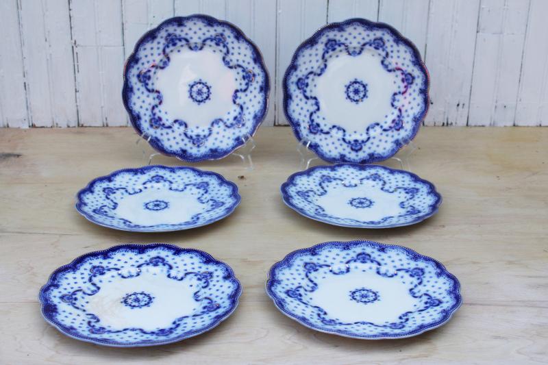 photo of 6 antique flow blue china luncheon plates, Grindley England Keele pattern #1