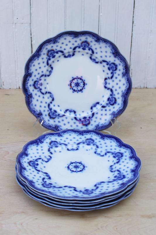 photo of 6 antique flow blue china luncheon plates, Grindley England Keele pattern #8