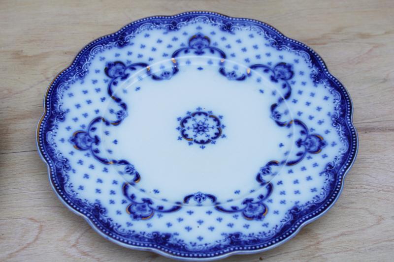 photo of 6 antique flow blue china luncheon plates, Grindley England Keele pattern #9