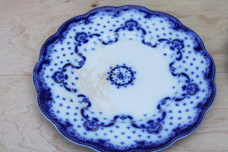 photo of 6 antique flow blue china luncheon plates, Grindley England Keele pattern #10